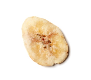 Photo of Sweet banana slice on white background, top view. Dried fruit as healthy snack