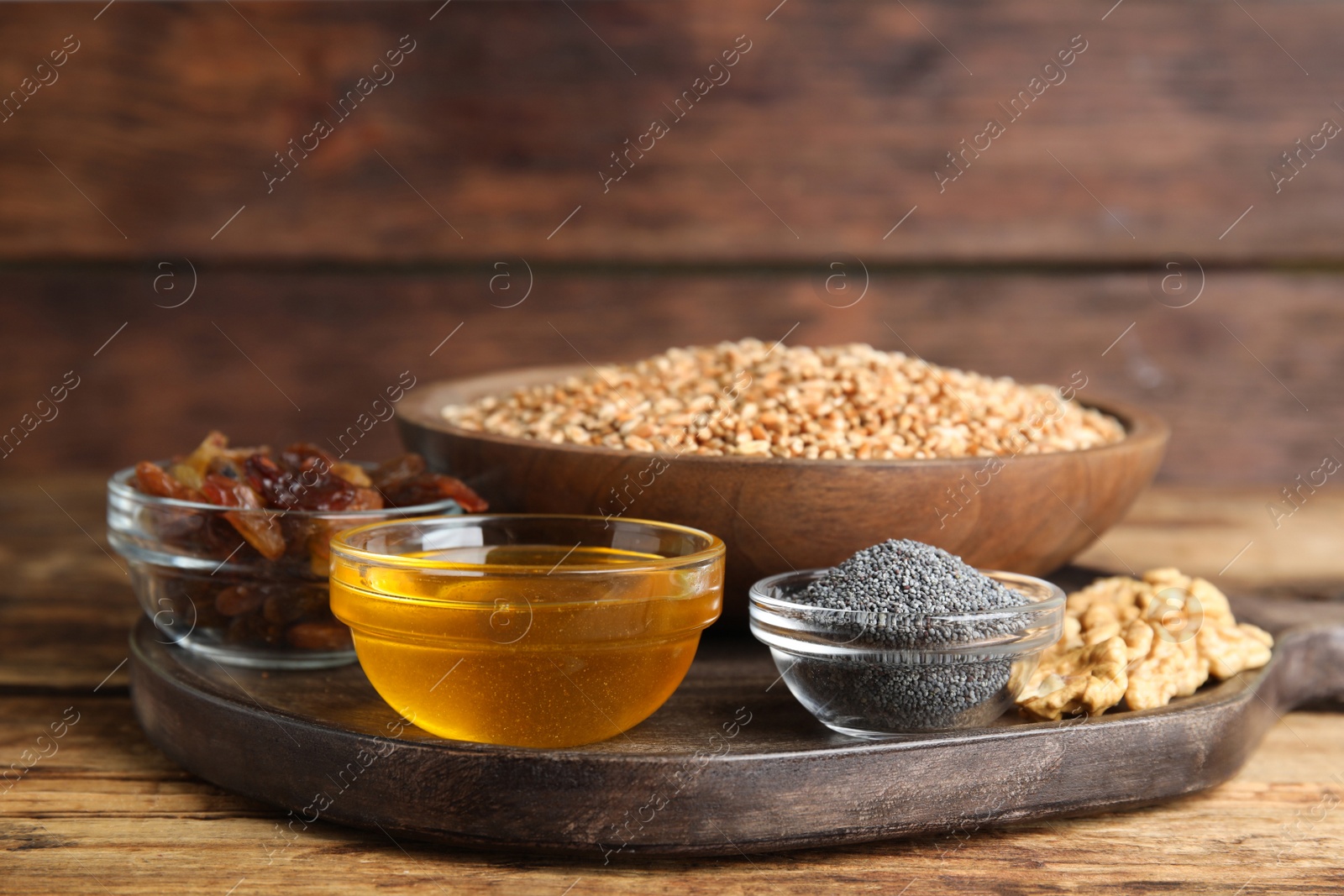 Photo of Ingredients for traditional kutia on wooden table