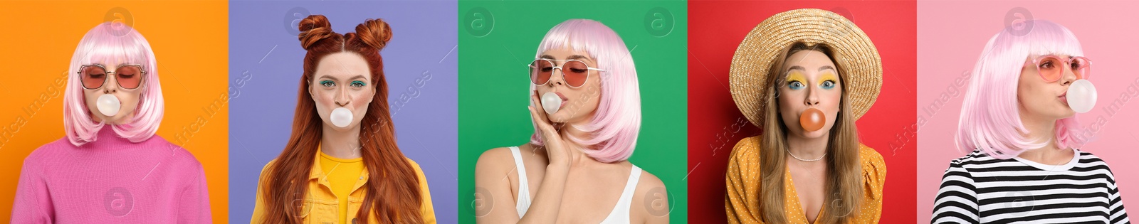 Image of Women blowing bubble gums on color backgrounds, set of photos