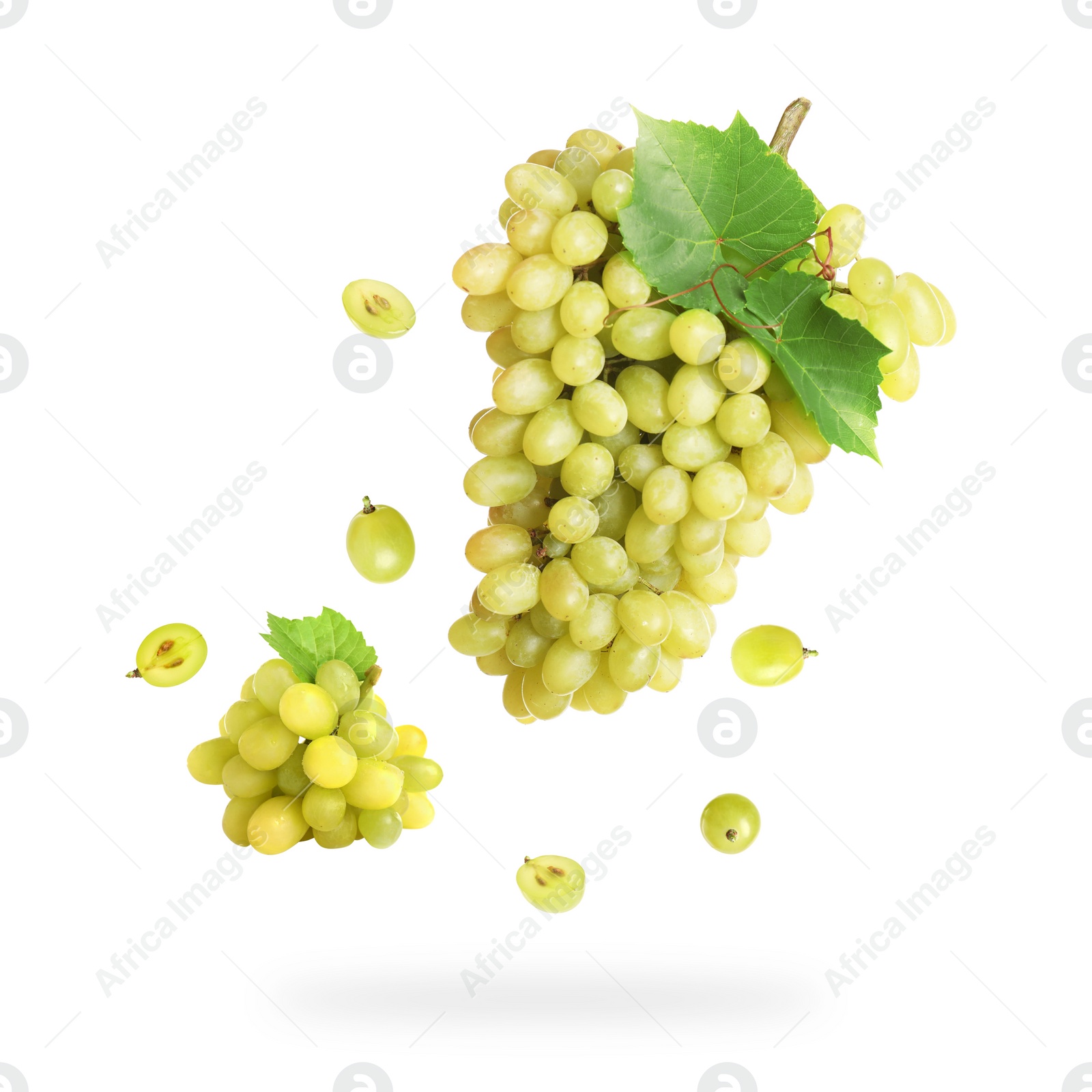 Image of Fresh grapes and leaves in air on white background