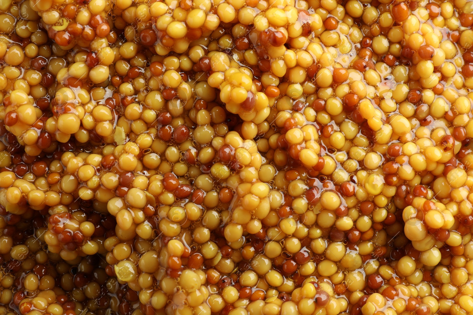 Photo of Whole grain mustard as background, top view