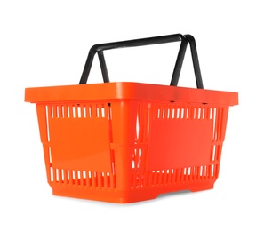 Photo of Color plastic shopping basket on white background