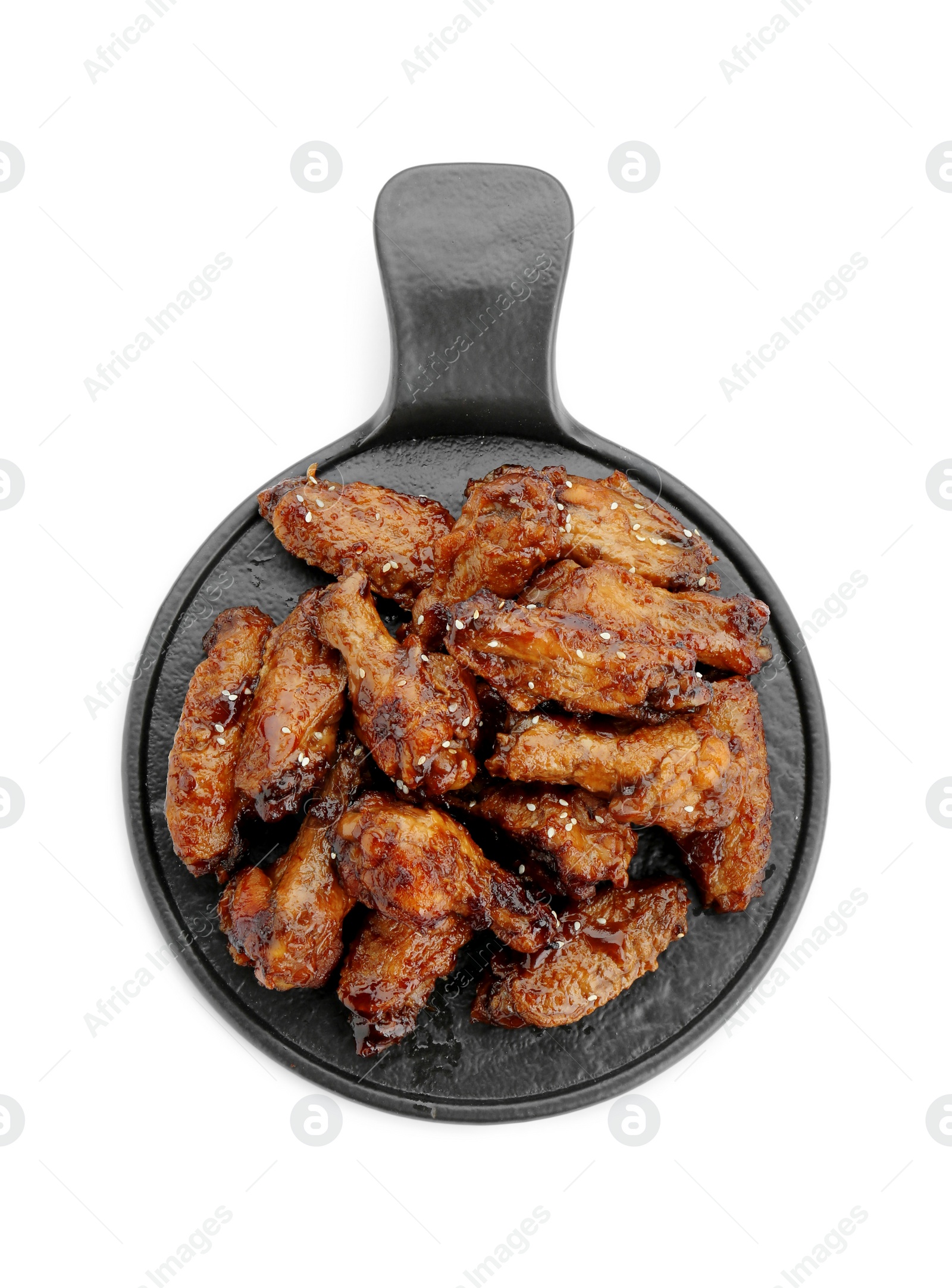 Photo of Tray with tasty roasted chicken wings isolated on white, top view