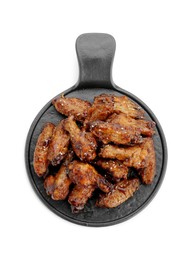Photo of Tray with tasty roasted chicken wings isolated on white, top view