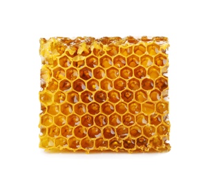 Photo of Fresh honeycomb on white background, top view