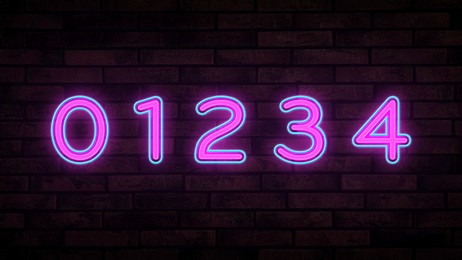 Image of Glowing neon number (0, 1, 2, 3, 4) signs on brick wall