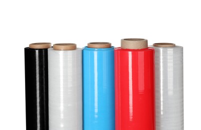 Photo of Different plastic stretch wrap films on white background