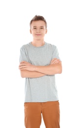 Photo of Teenager boy in casual clothes on white background