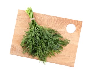 Photo of Board with fresh green dill isolated on white, top view