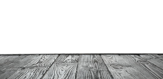 Photo of Empty wooden table surface on white background. Mockup for design