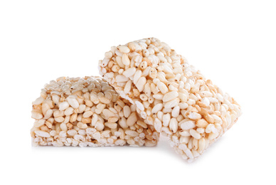 Delicious rice crispy treats isolated on white