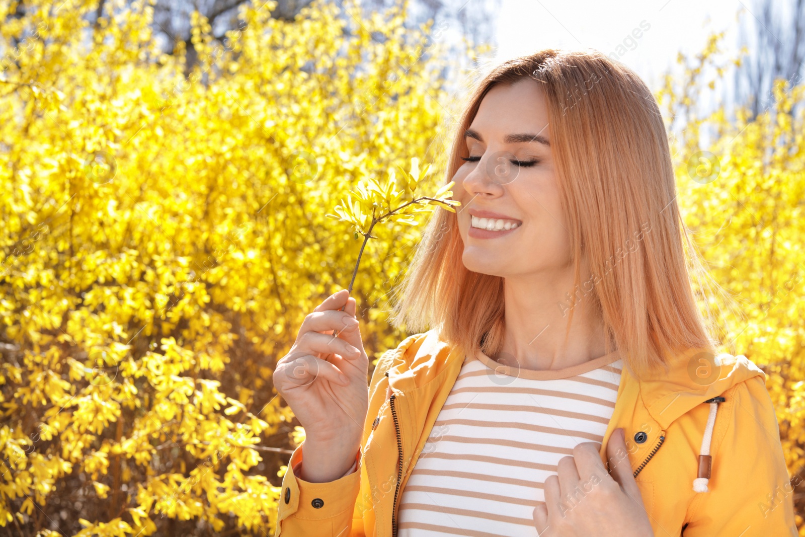 Photo of Happy healthy woman enjoying springtime outdoors, space for text. Allergy free concept