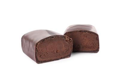 Delicious cut glazed cheese with cocoa on white background