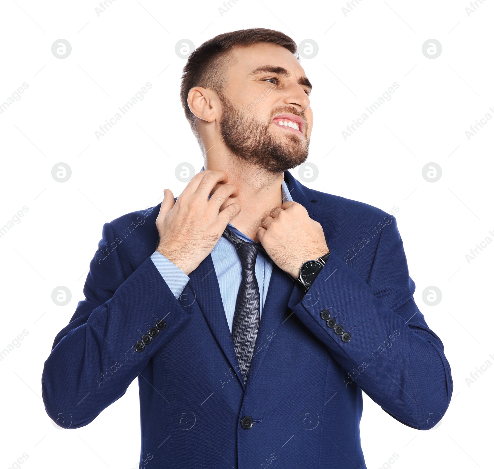 Photo of Young man scratching neck on white background. Annoying itch