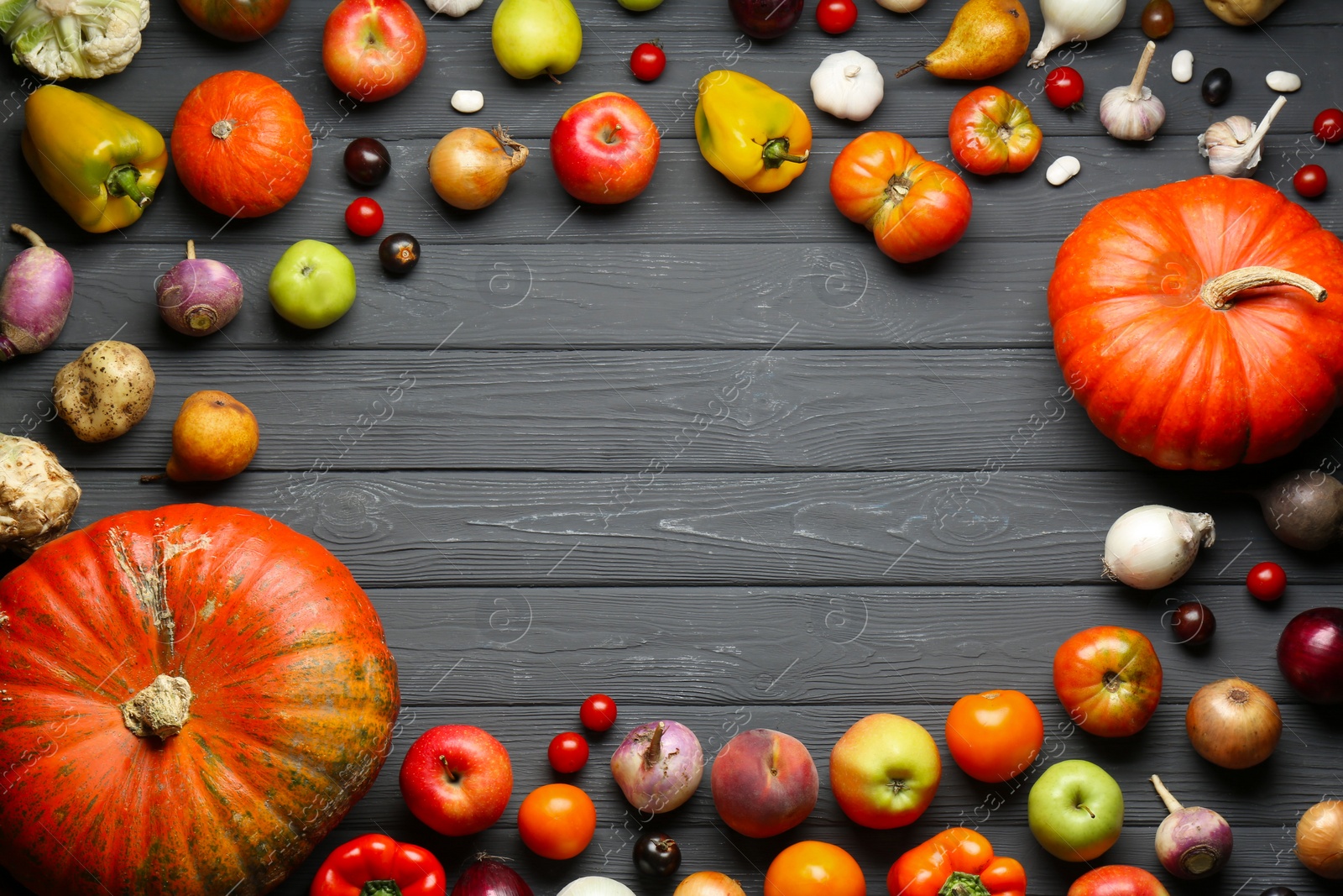 Photo of Frame of different fresh vegetables and fruits on black wooden table, flat lay with space for text. Farmer harvesting