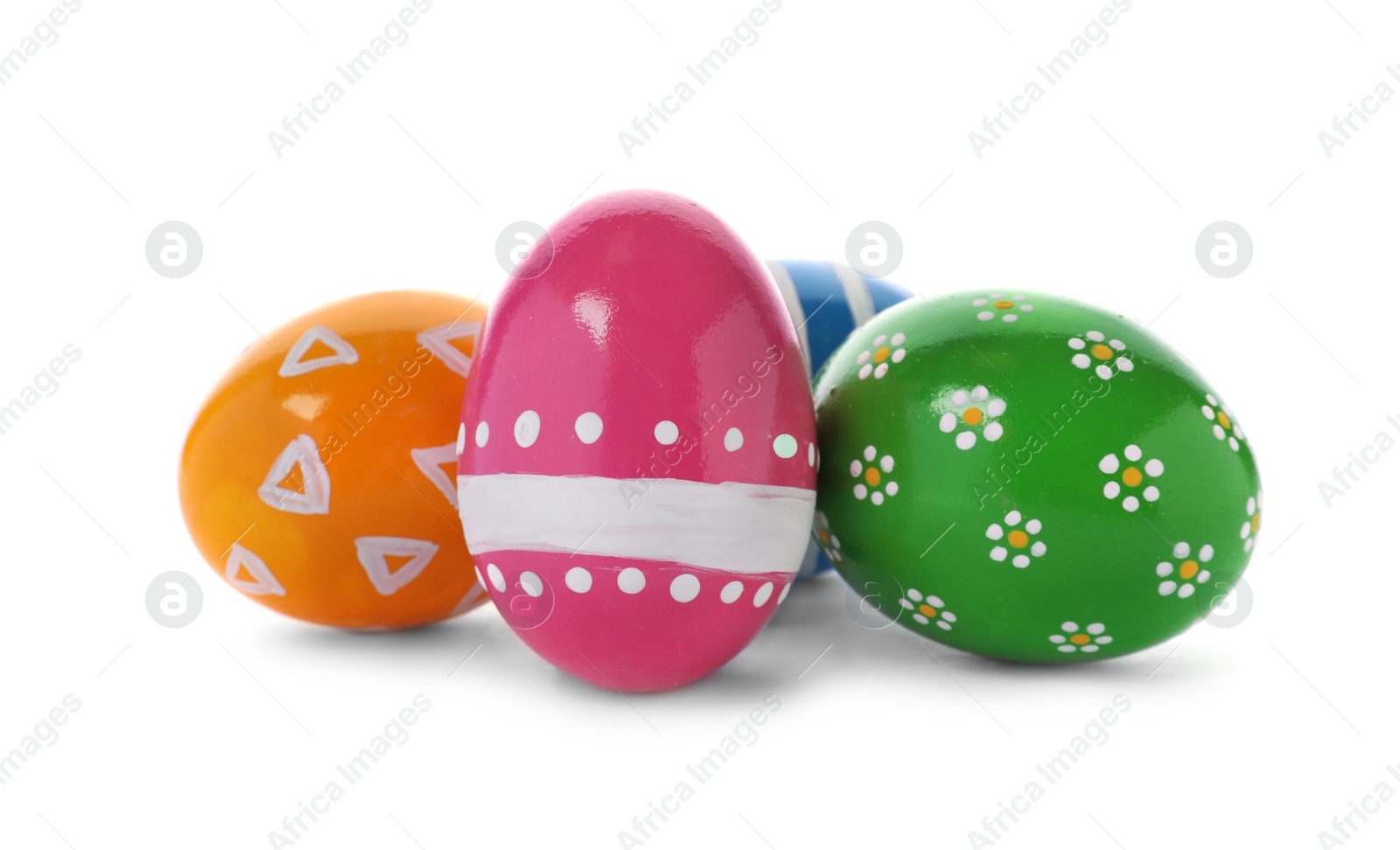 Photo of Decorated Easter eggs on white background. Festive tradition