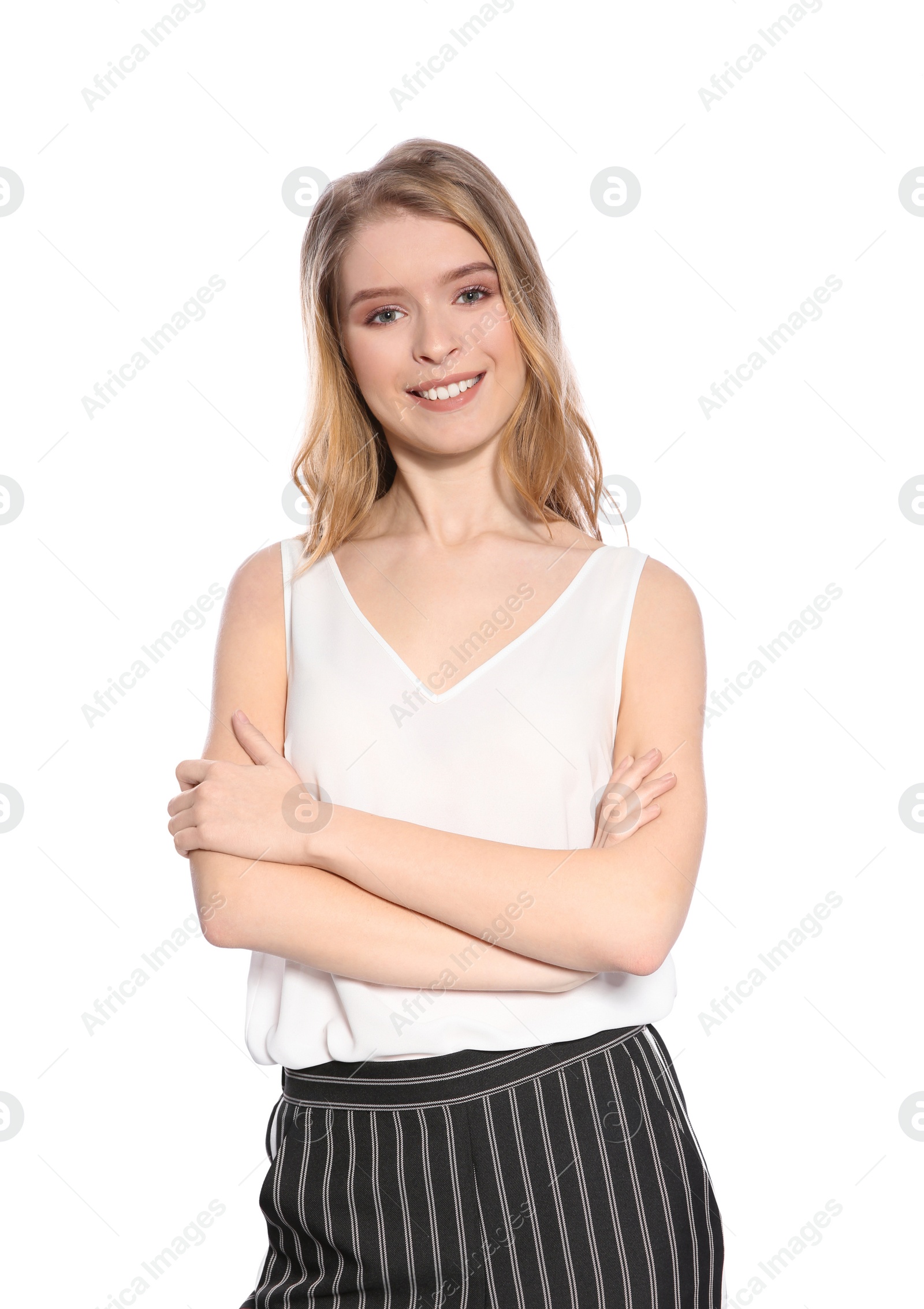 Photo of Portrait of beautiful young woman on white background