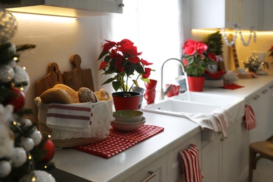 Kitchen counter with dishware and Christmas decor