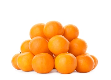 Photo of Heap of fresh ripe tangerines on white background