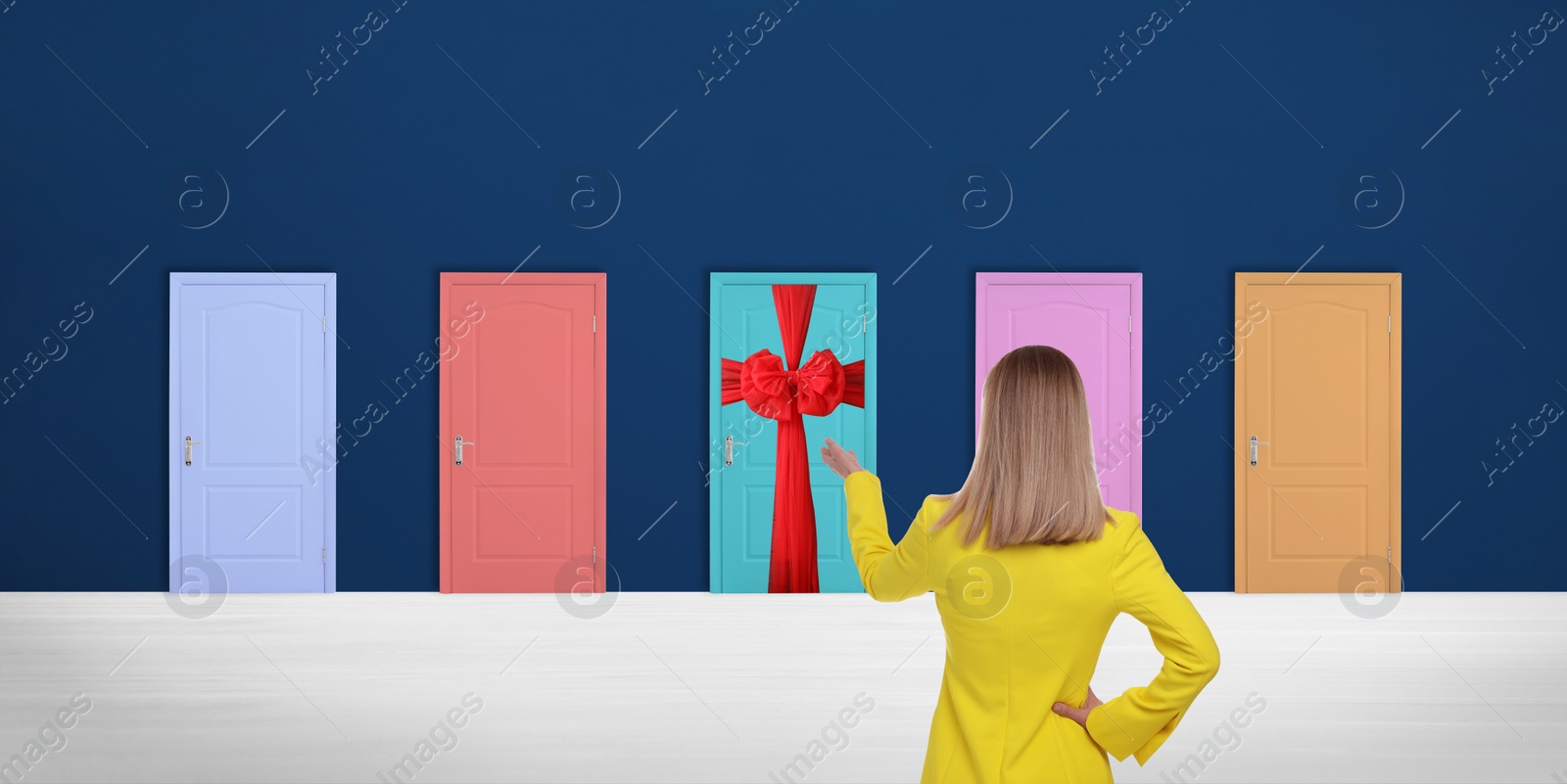 Image of Woman standing in front of many colorful doors, back view. Banner design