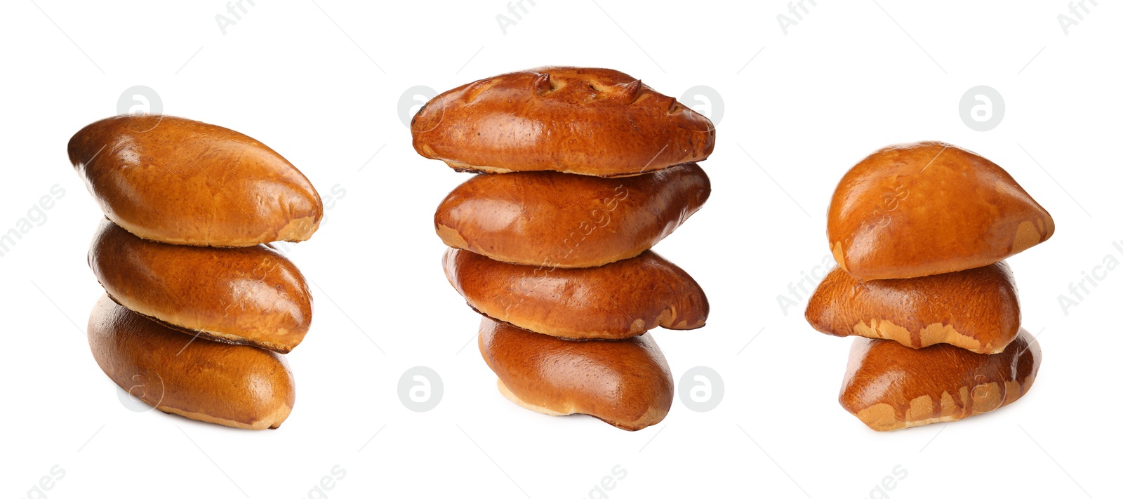 Image of Set with delicious baked patties on white background. Banner design