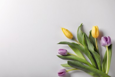 Photo of Beautiful tulips on light grey background, flat lay. Space for text