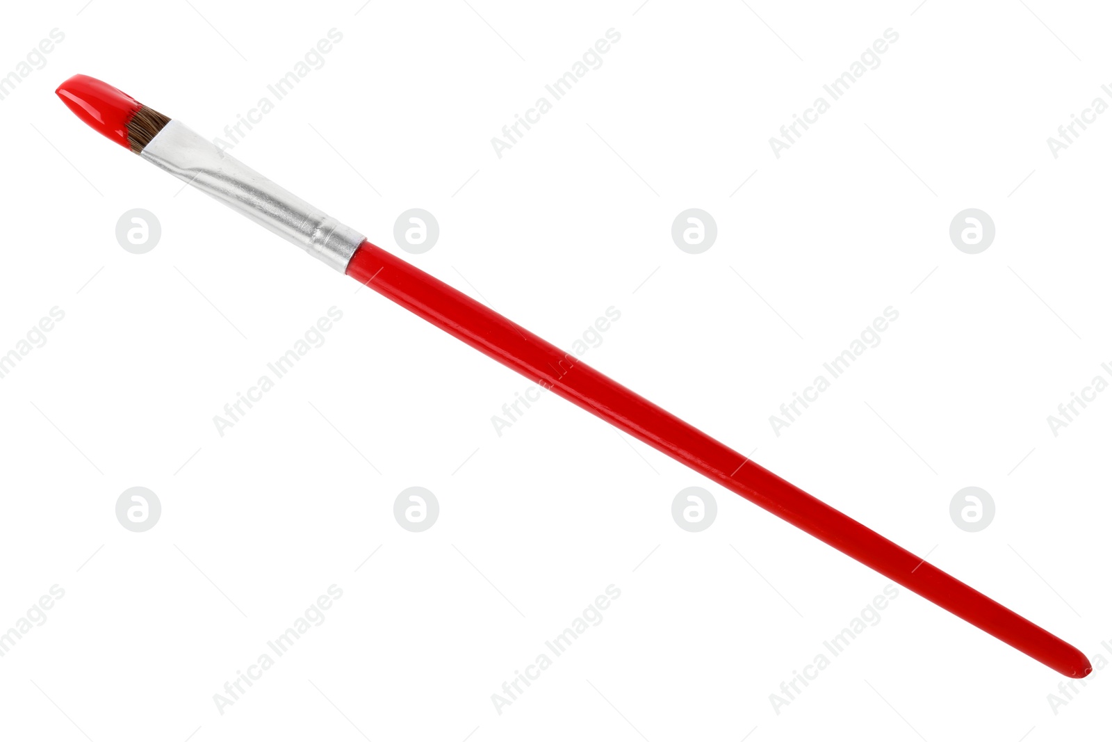 Photo of Brush with color paint on white background, top view