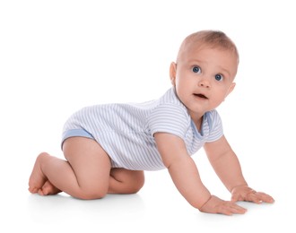 Photo of Cute little baby boy crawling on white background