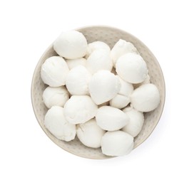 Photo of Bowl with mozzarella cheese balls on white background, top view