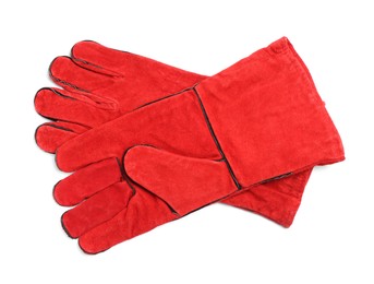 Photo of Red protective gloves on white background, top view. Safety equipment