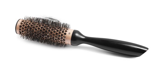 Photo of Professional brush with lost hair on white background