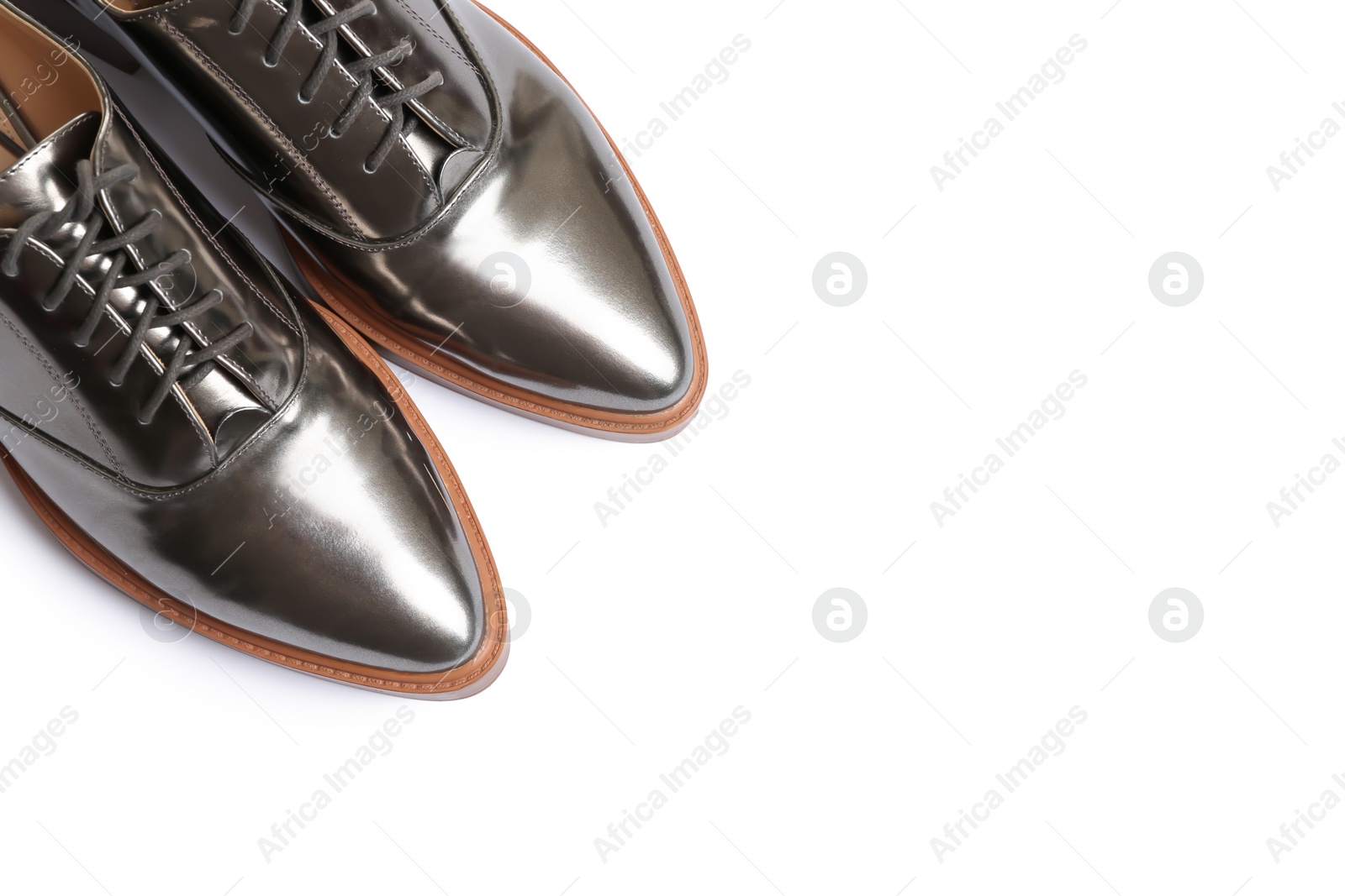 Photo of Elegant shoes on white background, top view. Stylish footwear