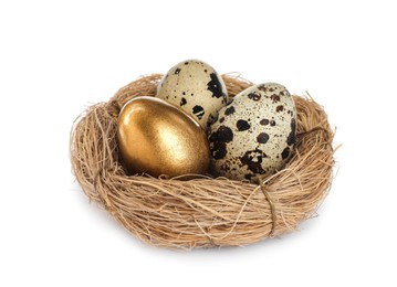 Photo of Nest with quail eggs and golden one on white background