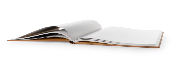 Photo of Open book with hard cover on white background