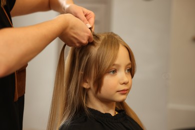 Photo of Professional hairdresser braiding girl's hair in beauty salon