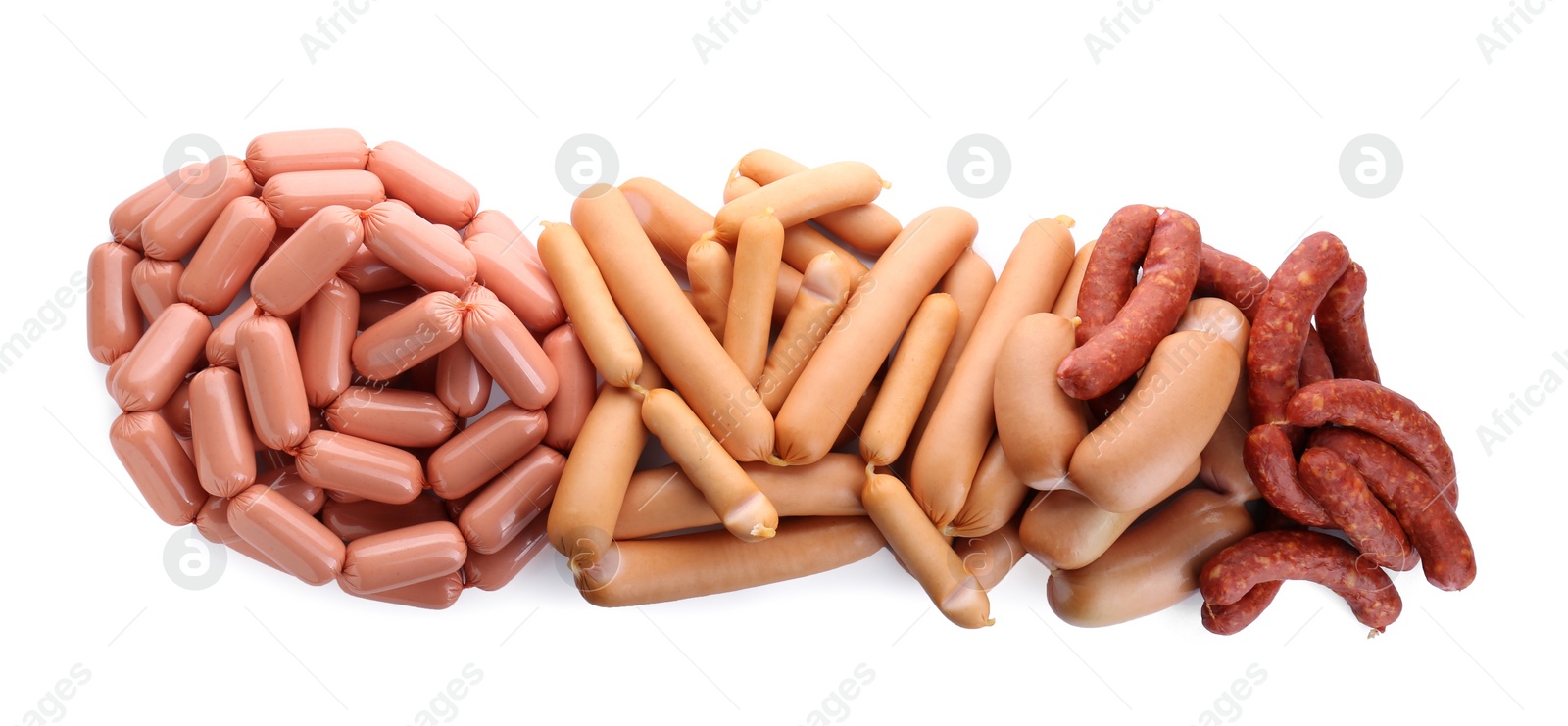 Photo of Many fresh raw sausages isolated on white, top view. Meat product