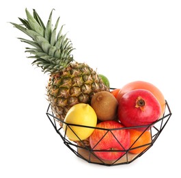 Photo of Fresh ripe fruits in metal bowl on white background