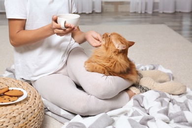 Photo of Woman with cute red cat and cup of tea on blanket at home, closeup view