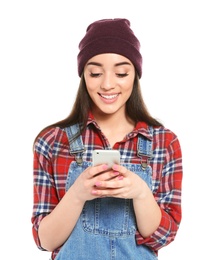 Photo of Attractive young woman using mobile phone on white background