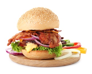 Image of Tasty burger with bacon on white background