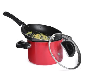Photo of Dirty pot and frying pan on white background