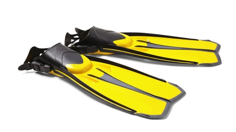 Photo of Pair of yellow flippers on white background
