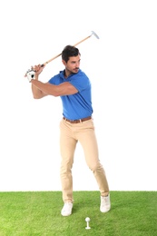 Photo of Young man playing golf on white background