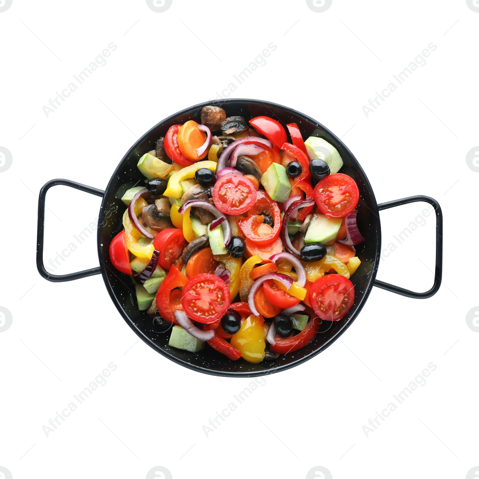 Photo of Mix of tasty vegetables in pan isolated on white, top view