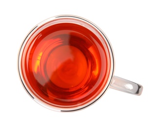 Photo of Glass cup of black tea on white background, top view