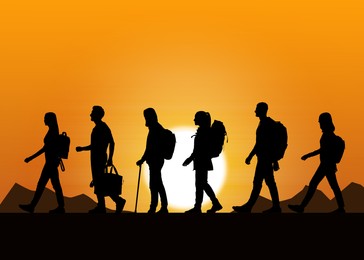 Image of Immigration. Silhouettes of people walking outdoors at sunset, illustration
