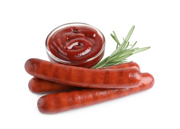 Photo of Delicious grilled sausages and sauce on white background. Barbecue food
