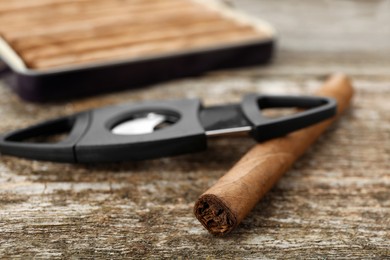 Photo of Cigar wrapped in tobacco leaf on wooden table, closeup