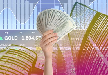 Image of Stock exchange. Woman holding dollar banknotes, closeup. Double exposure of digital graphs with statistic information and buildings