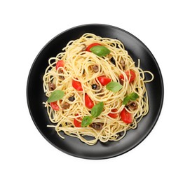 Photo of Delicious pasta with anchovies, tomatoes and basil isolated on white, top view